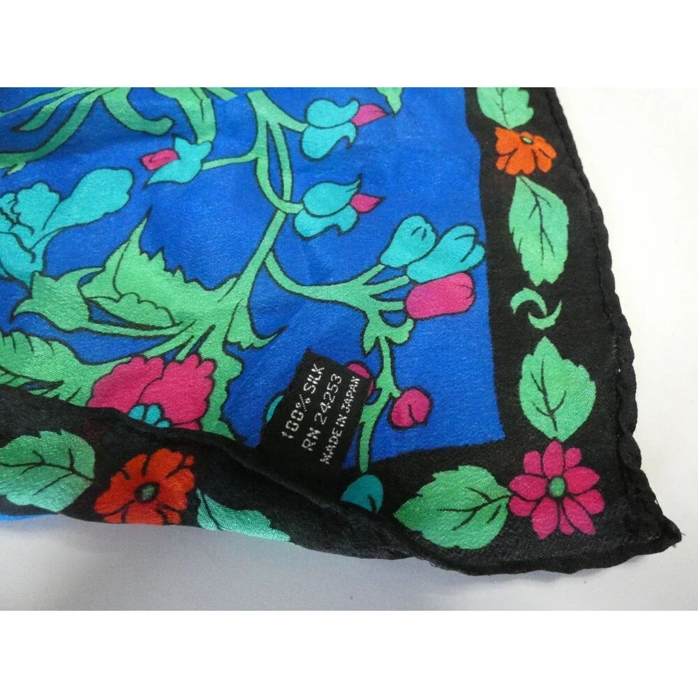 Vintage Japan Hand Rolled Silk Scarf Bright Multicolored Floral Black 30